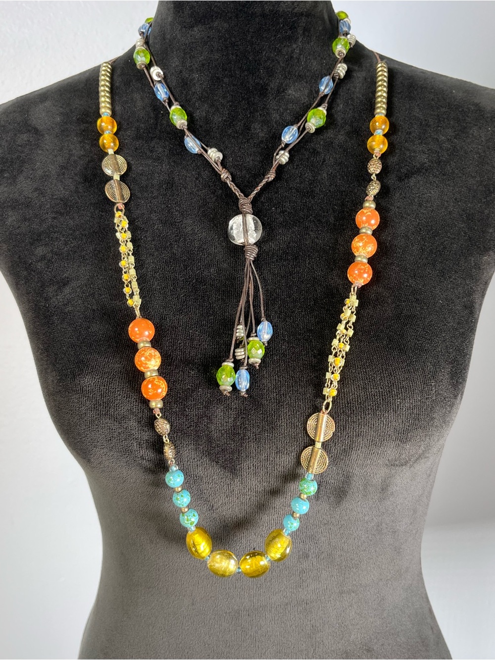 Beaded Necklace Bundle Leather Green Blue Turquoise Lariat Boho Artsy Statement